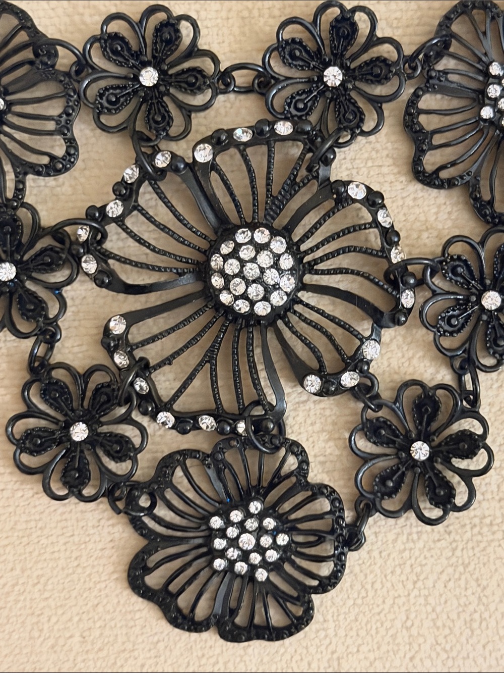 Black Floral Statement Necklace with Crystal Accents - Picture 4 of 7